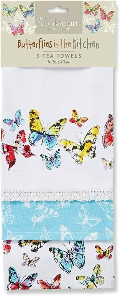 Cotton Tea Towel Pack Of 3 Butterfly Printed Multicoloured Kitchen dishcloth - 164469169704